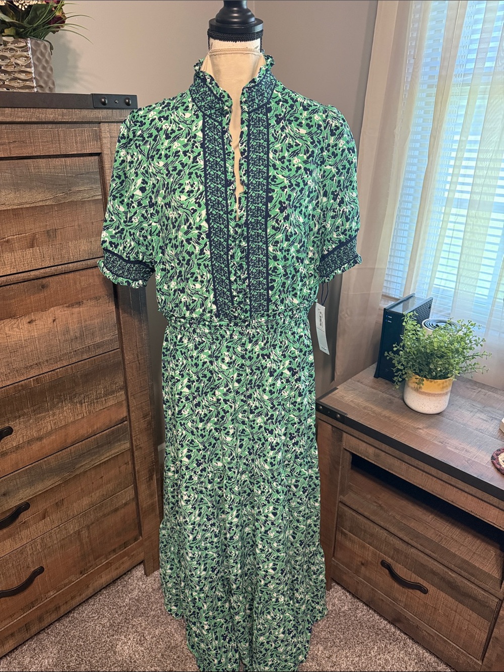 London Times Green Floral Maxi Dress with Navy Trim